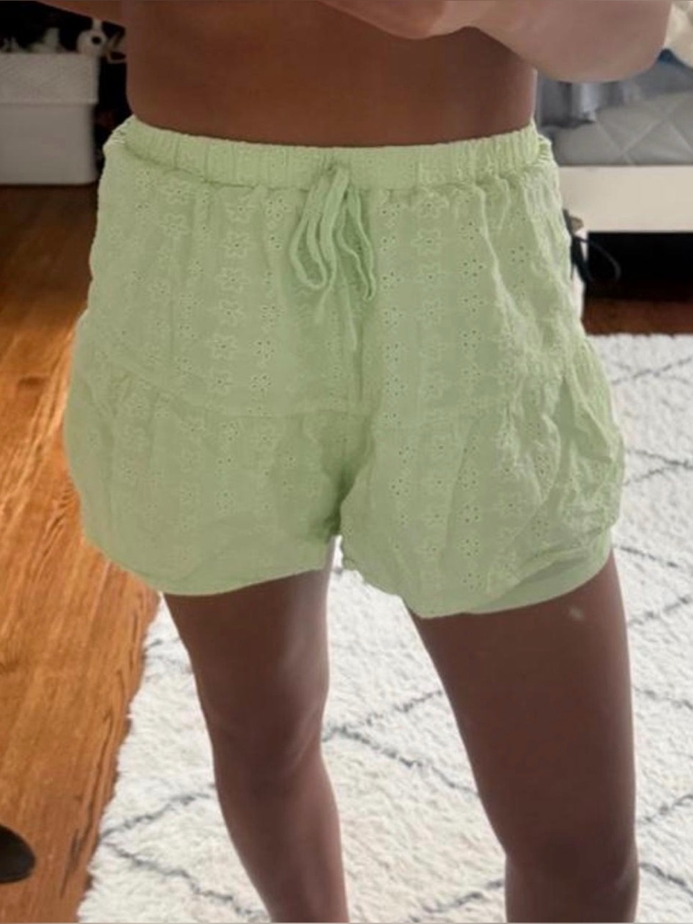 Francesca's Collections Light Green Eyelet High-Waist Drawstring Shorts